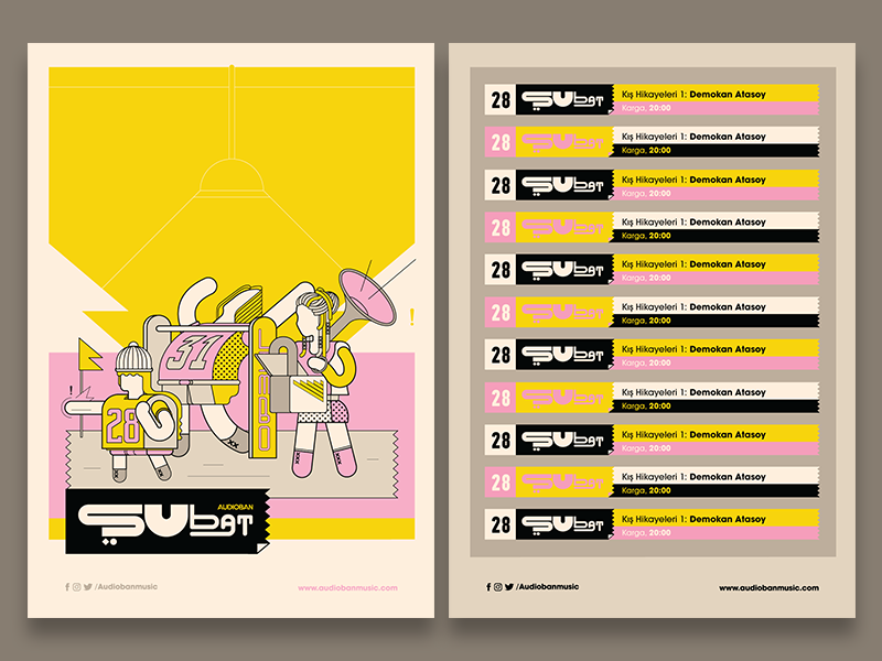 Audioban february (cancelled version) burak beceren illustration graphic design vector character design design drawing typography artwork flat audioban event calendar program music flyer sketch doodle limbo play