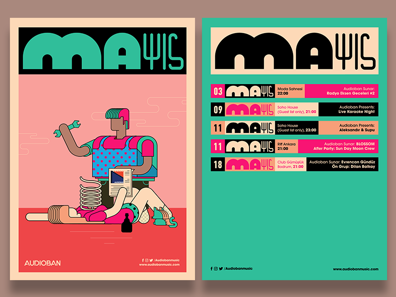 Audioban may front & back workers doodle sketch flyer music program calendar event audioban flat artwork typography drawing design character design vector graphic design illustration burak beceren may