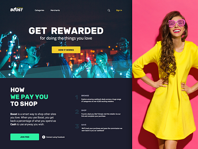 Get rewarded cashback how it works landing page loyalty referrals reward rewards testimonials website woman in dress