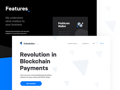 Features blockchain blue business cryptocurrency design landing page software website