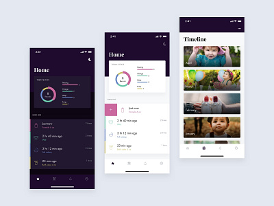 Kodomo app baby baby app cards chart dark mode design graph home homescreen interface ios mobile night mode prototype timeline ui user experience user interface ux