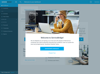 Welcome pop-up, get started with a Checklist modal onboarding onboarding ui product tour service bridge stock photo mockup welcome modal