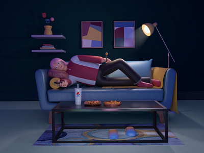 Happy night c4d chair character chicken cinema 4d design eating floorplan girl illustration lying night octane watch tv