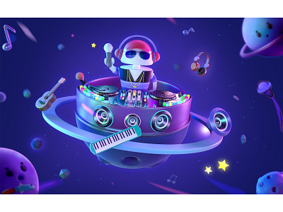 Aton-DJ 3d animation branding guitar headset horn ip rocket space star universe