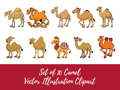 Set of 10 Camel Vector Illustration Sset adorable adventure africa animal arab bedouin brown camel cartoon cute happy vector