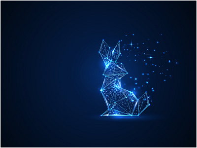 Futuristic glowing low polygonal rabbit cartoo hand digital finger future low poly polygon rabbit technology touch vector wireframe