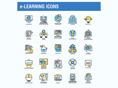 e-Learning Vector Illustration Icons art brain concept education elearning female icon line online set student teacher