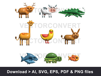 Set of nice animals inflated vector illustration animals bird cow crocodile deer fish giraffe inflated tortoise turtle vector art vector illustrations