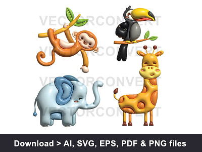Collection of tropical animal inflated vector illustration animals bird colors elephant giraffe inflated animals monkey toucan tropical animals vector art vector illustrations vivid