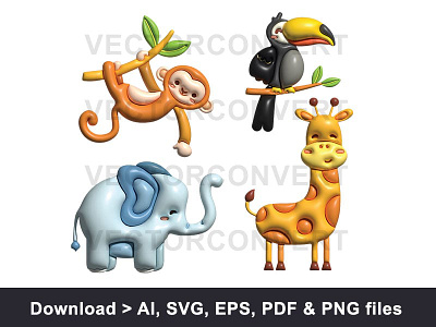 Collection of tropical animal inflated vector illustration