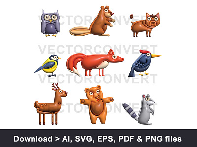 Cute wild forest animals collection inflated vector illustration bear bird deer fox inflated animals owl pig squirrel vector art vector illustration wild wild animals