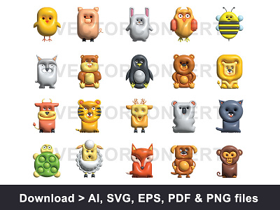 Animal icons collection inflated vector illustration adorable animals charming cheerful forest icons inflated vector animals kids majestic playful vector art vector illustration