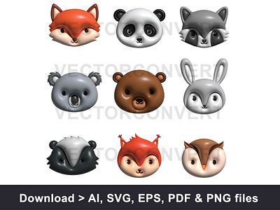 Animal head icons collection inflated vector illustration