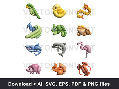 Cute animal icons inflated vector illustration adorable animals cute animals dolphin frog inflated parrot peacock pig shark vector art vector illustrations