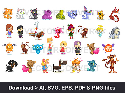 32 Source Mixed Cartoon Illustration ape boy cartoon mixed illustration cat child dog girl kids monkey monster turkey vector illustration