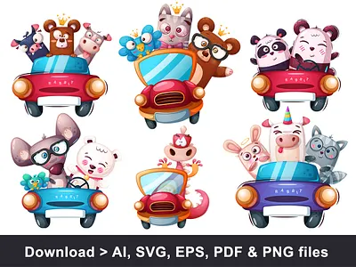 Cute cartoon animlas in car vector illustration animals in car cartoon animals cute animals vector animals vector illustration