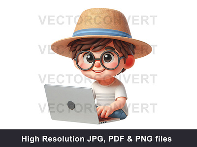 Cute boy kid using laptop 3D model cute kid education kid wearing glass kid with laptop laptop learning technology