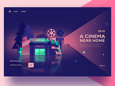 A cinema at the door of the house colors digital hero illustration interface landing ui ux web