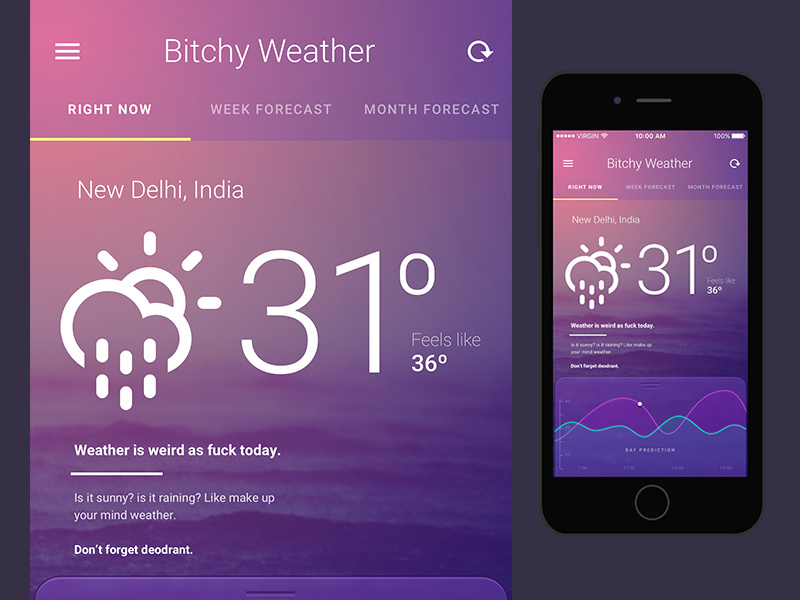 Bitchy Weather weather app ui icons roboto graph parody