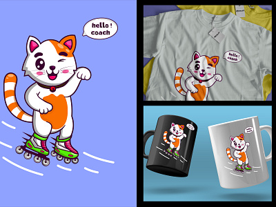 Cute Cat with Roller Skate cat cups cute cat cute mascot design graphic design hello coach illustration kawaii logo mascot print roller skate tshirt