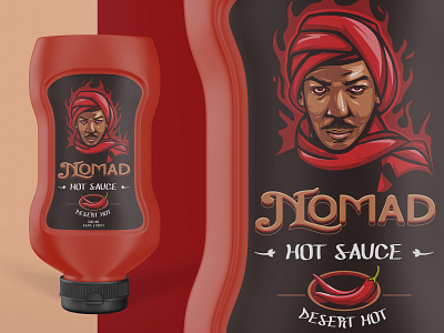 NOMAD Hot Sauce arabic bottle branding design face fire hot illustration logo man nomad spicy sauce. typography vector