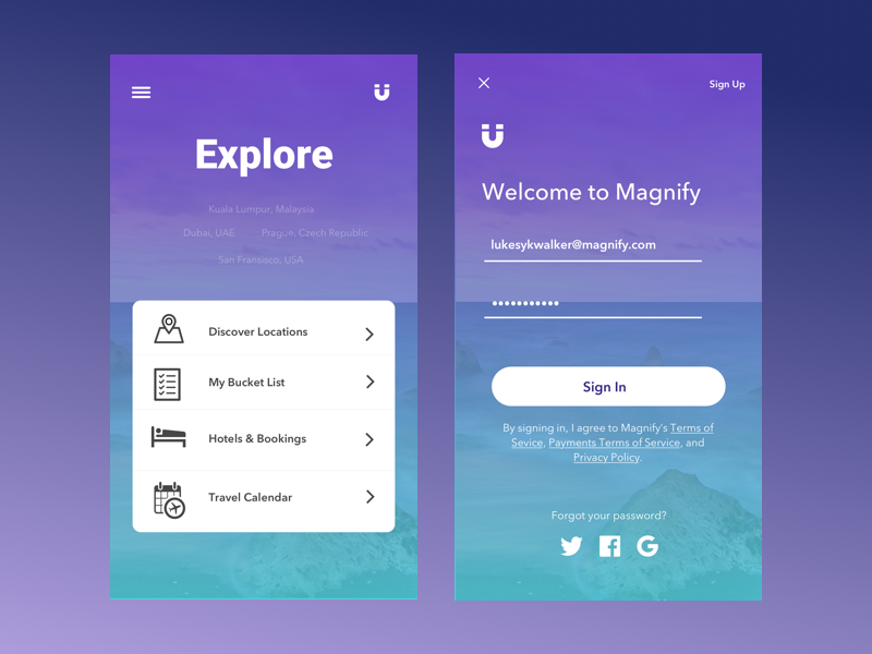 Magnify - Travel Companion travel companion agency gradient ui android ios magnify