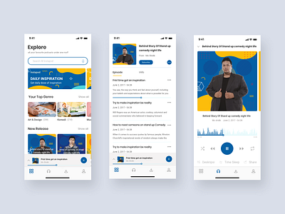 Podcast App - Homepage, Playlist, and Play Exploration clean aps inspigo ios apps music player podcast streaming aps ui ux white aps