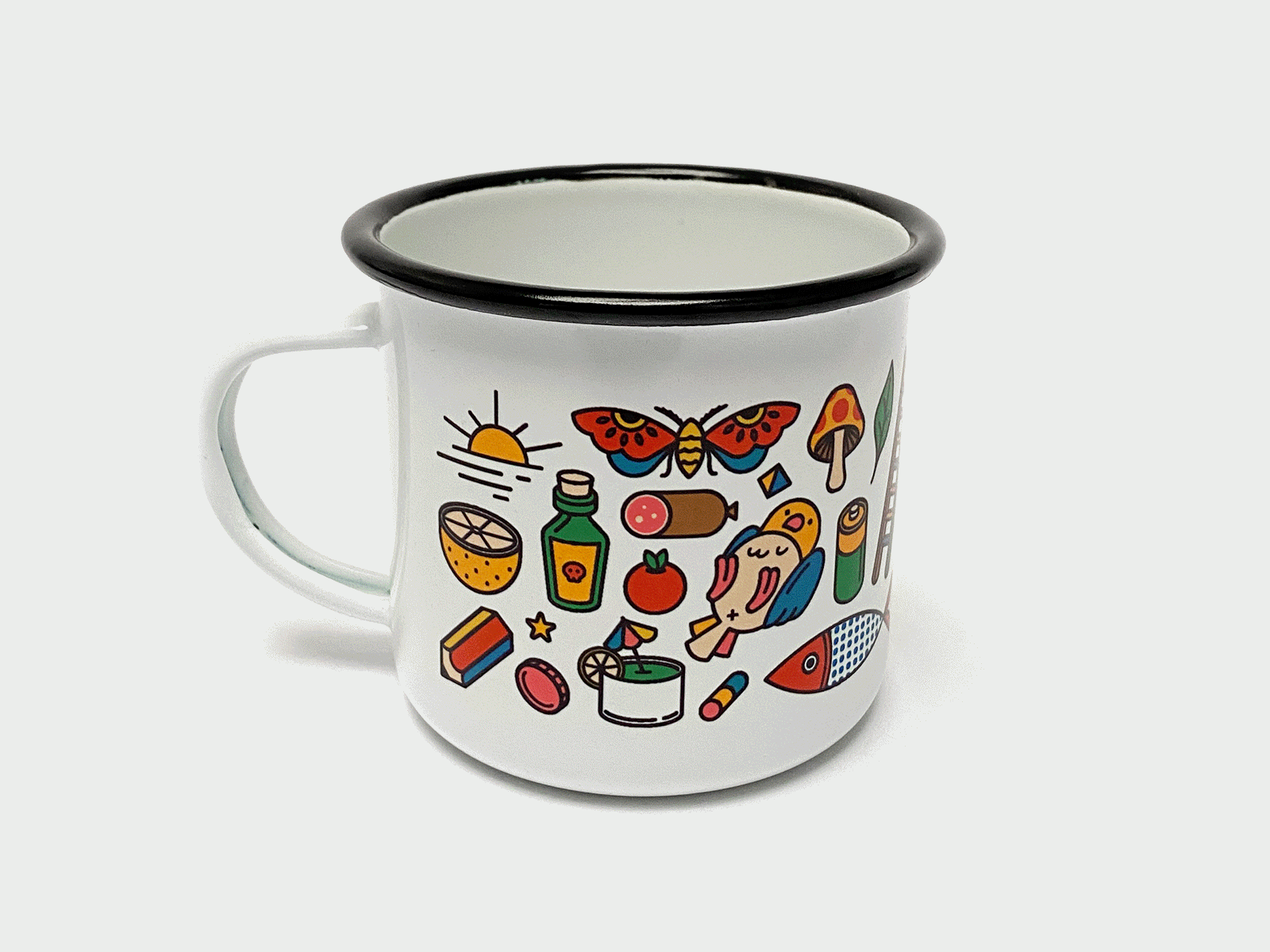 Shenanigan Camping Cup banana bird book cactus cherry cup design enamel cup fish gif icons illustration kiwi moth mug mushroom pencil stamp sun sword