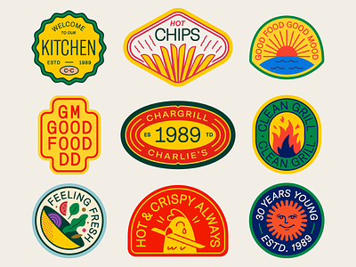 Chargrill Charlie's Badges animal badge chicken color design fire flower food french fries fried icon illustration kitcen logo salad sun sunrise sunset typography water
