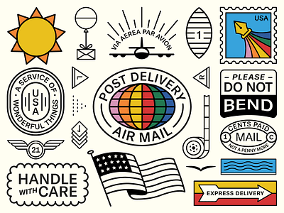Packaging Tape Pt. II air badge balloon branding design earth flag icon illustration logo mail pen pen tool plane stamp stickers sun tape typography usa