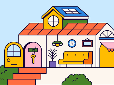 Home Sweet Home animation branding bush couch design dog door home house icon illustration key lamp motion graphics plant plants sky stairs sun window