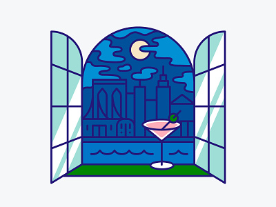 Moonlight in a Martini apartment bridge brooklyn buildings city design drink house illustration logo martini moon night nyc shop sky sticker stickers subway window