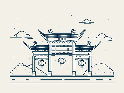 Fuzimiao 2d architecture building chinese design dragon flat illustration line logo vector