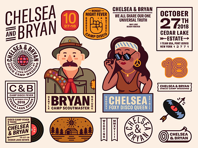 Chelsea & Bryan 2d arrow badge camp design disco flat icon illustration logo record typogaphy vector wedding