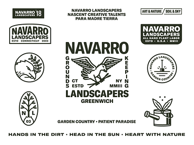 Navarro Landscaping 2d badge branding design eagle flat icon illustration logo plant shovel tree typography vector