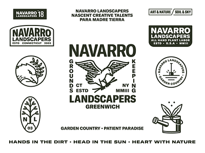 Navarro Landscaping 2d badge branding design eagle flat icon illustration logo plant shovel tree typography vector