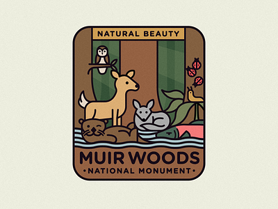 Muir Woods 2d badge deer design flat fox icon illustration ladybug logo national park owl river salmon slug sun tree