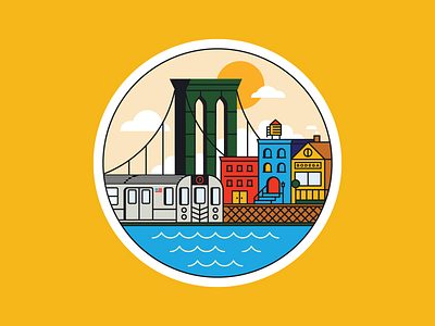 Brooklyn Coaster (2/2 2d architecture badge branding bridge brooklyn building city cloud design flat icon illustration line logo patch subway sun typography vector
