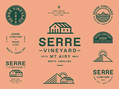 Serre Vineyard (Pt.II) badge brand brand identity branding design farm flat greenhouse house icon illustration logo mountain north carolina sun system type lockup typography vector vineyard