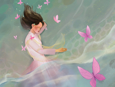 THE OCEAN I blue color butterfly giang rùa girl illustration in the beach sleep the ocean tthgiang.2603 vietnamese