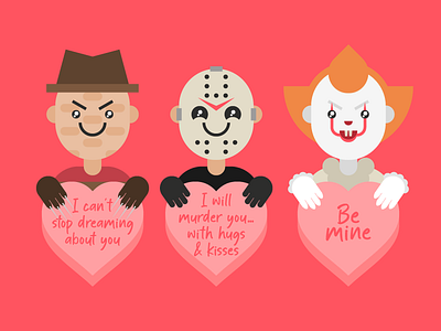 Valentine horror characters cute flat freddy horror jason love pennywise valentine vector