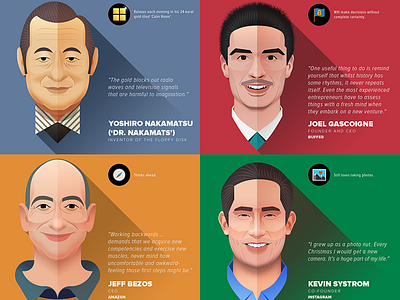 Eccentric habits of the tech elite - infographic character design face flat gates illustration infographic jobs portrait shadow tesla zuckerberg