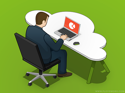 Guy by his desk businessman character cloud computer desk isometric laptop