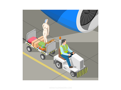 Baggage handler airplane airport cart character design flat illustration isometric luggage