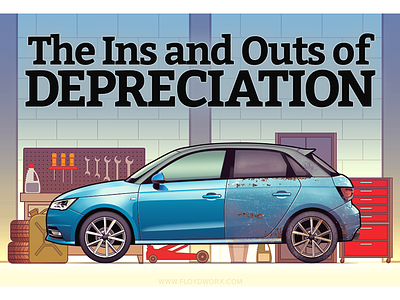 Car depreciation infographic header bmw garage illustration rust tools vehicle vw