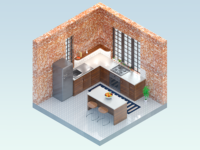 Kitchen - infographic element 3d brick cube fridge furniture house interior isometric loft visualization wall