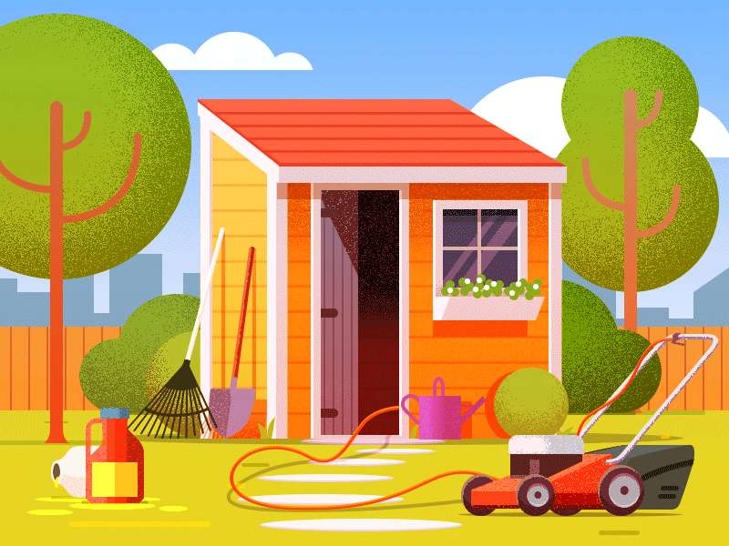 Shed backyard design flat garden home house illustration lawnmower safety tree