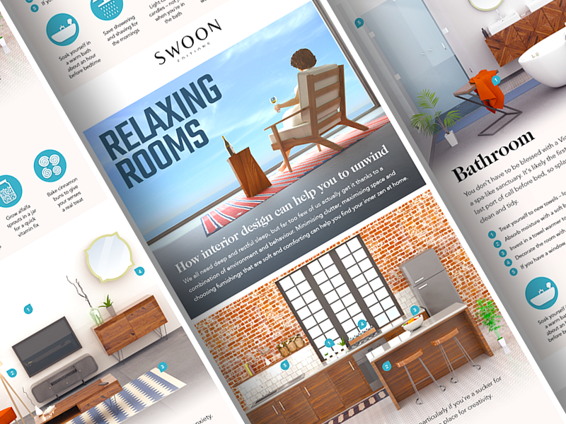 Relaxing rooms - infographic 3d bathroom bedroom furnishing illustration interior kitchen living visualization