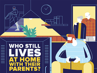 Still living with the parents - infographic header character console design flat game illustration man room stroke tv woman