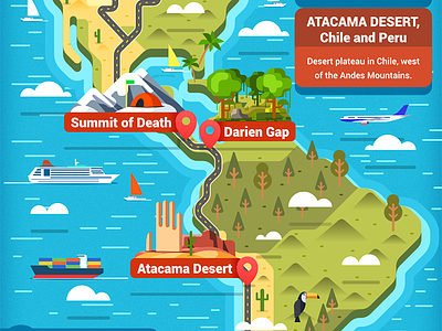 Pan American Highway map - infographic element america brazil car continent design flat illustration road states united us usa